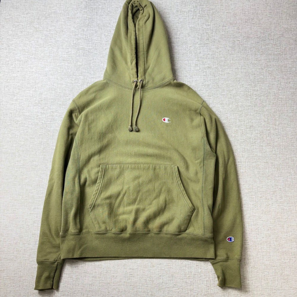 Champion Mens Medium Reverse Weave Hoodie Olive Green Sweatshirt C Logo